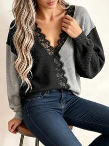 Plus Size Casual Fashion Contrast Color Lace Patchwork V-Neck Long Sleeve Knit Pullover Sweater - Dark Gray - View 7