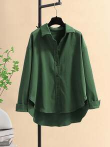 Minimalist Lapel Long Sleeve Loose Women's Shacket, Featuring Shirt Collar And Asymmetric Hem Design Spring - Bean Green - View 10