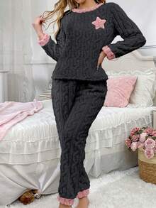 Women's 2 Pieces Pajama Set, Dark Gray Star Print Round Neck Long Sleeve Top And Sweet Colorblock Long Pants, Autumn/Winter Long Plush Loungewear Set - Dark Grey - View 3