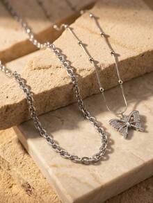 2/1 Pc Fall Decor Layered Butterfly Pendant Necklace Set Double Chain Inlaid Rhinestone Clavicle Necklaces Women Fall Style Jewelry Women - Silver - View 3