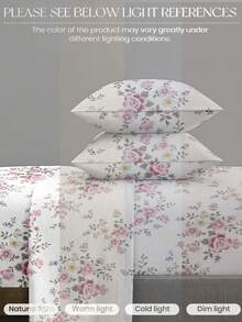 4-Piece Garden Pink Floral & Green Leaf Pattern Bedding Set, Includes 1 Fitted Sheet, 1 Flat Sheet And 2 Pillowcases, No Pillow Inserts. Fitted Sheet Set, Suitable For King, Queen, Full And Twin Size Beds, Deep Pocket Design, Pillowcase Thickness Up To 11.8 Inches. Soft And Breathable, Wrinkle-Resistant, Suitable For Back To School Or Dorm - Multicolor - View 4