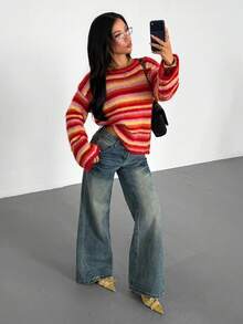 Women's Autumn/Winter Dropped Shoulder Striped Fuzzy Knit Sweater, Loose Long Sleeve Multi-Color Striped Pullover - Pink - View 4