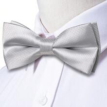 5Pcs Men Simple Solid Silver Bow Tie Pocket Square Cufflinks Ring Boutonniere Set, Cufflinks Pattern Random For Wedding Business Party - Silver - View 4