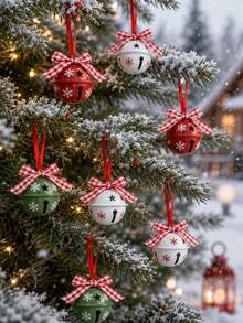 12pcs Random Assortment Set, Includes Christmas Bells, Hollow Star Print Pendants With Red Ribbons And Bows, Suitable For Holiday Party Decor, DIY Home Decor, Outdoor Decor And Christmas Tree Ornaments - Multicolor - View 4