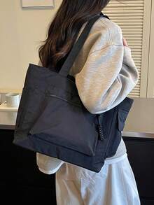 1件純色複合布料極簡Ins風多拉鍊口袋防水大容量可折疊女款工作包，適合女士日常通勤、外出、購物、旅行度假，簡約行李收納學生校園托特包，女友節日禮物 - 黑色 - 查看 8
