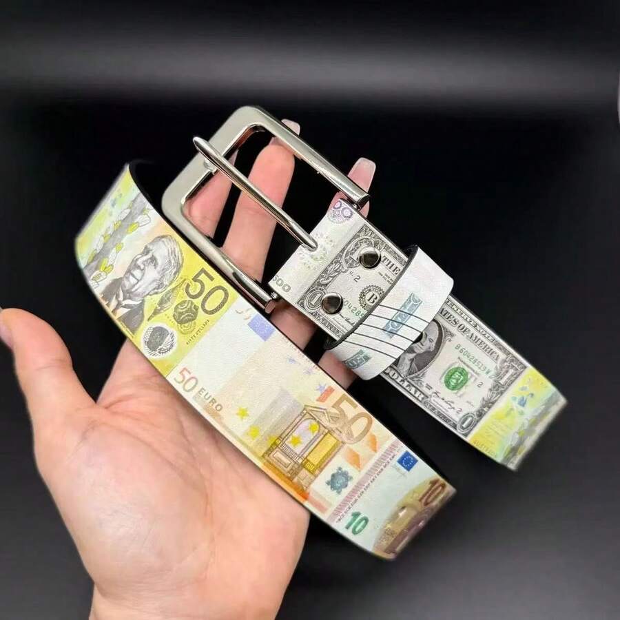 1件中性世界鈔票印花PU腰帶，銀色針扣可調節腰帶，牛仔褲與長褲街頭裝飾腰帶 - A - 查看 1