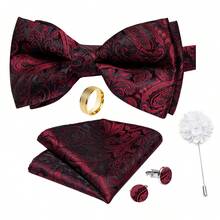 5Pcs Men Red Paisley Jacquard Bow Tie Pocket Square Cufflinks Ring Boutonniere Set, Cufflinks Pattern Random For Wedding - Red - View 2
