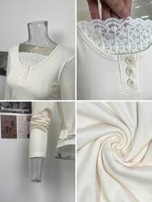 Minimalist Sexy Sexy Girl Autumn Faux Two Pieces Button Lace Patchwork Long Sleeve Simple Versatile Inner Layer Base Top - Apricot - View 8