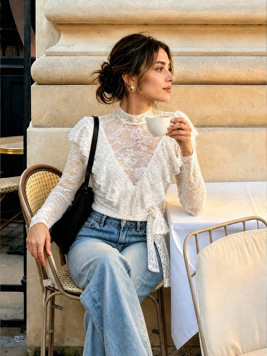 Women's Lace Patchwork Blouse, Elegant Casual French Style Ruffle Trim Cut White Top - White - View 1