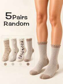1/3/5 Pairs, Random Styles Women's Ruffle Crew Socks, Vintage Floral, Bunny & Stripe Designs, Cute Cottagecore Socks - Apricot - View 12