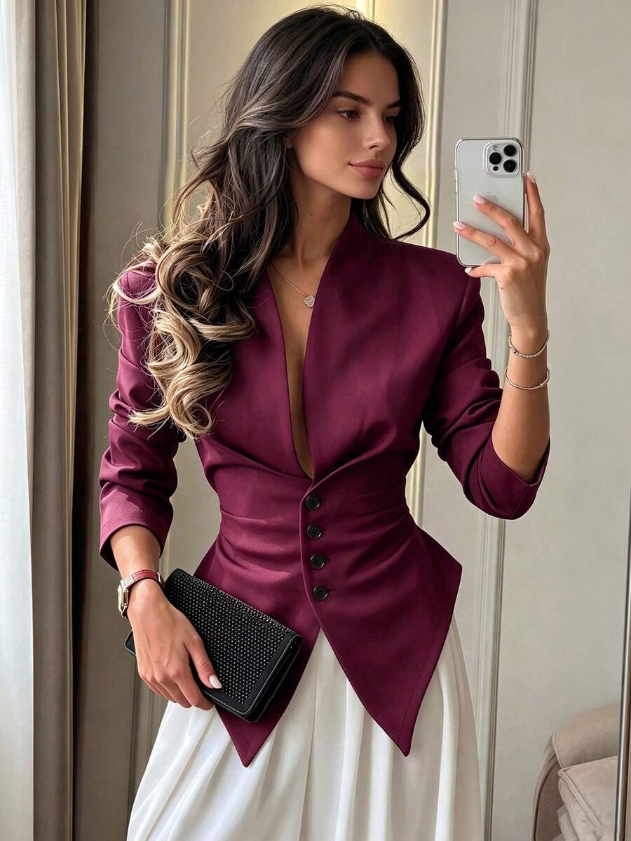 Black Stand Collar Ruffle Trim Blazer, Slim Fit Waist, French Elegant Commuter Style
