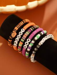 6pcs/Set European Gothic Style Colorful Soft Clay Multi-Layer Stackable Bracelets, Heart Letter Pumpkin Element Wristbands, Couple Holiday Photo Accessories, Autumn/Winter Atmosphere Small Gifts - Multicolor - View 7