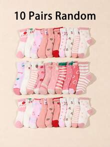 10 Pairs Random Kids Sweet Fruit Embroidered Mid-Calf Leg Warmers, Multiple Strawberry & Cherry Patterns, Fresh Pink & White Colorway, Comfortable Breathable Versatile Casual Sock Set - Multicolor - View 8