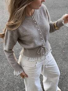 Fall/Winter Sweet Patchwork Contrast Color Lace Trim Knit Cardigan Women's New Round Neck Tie Front Soft Cute Tops - Grey - View 9