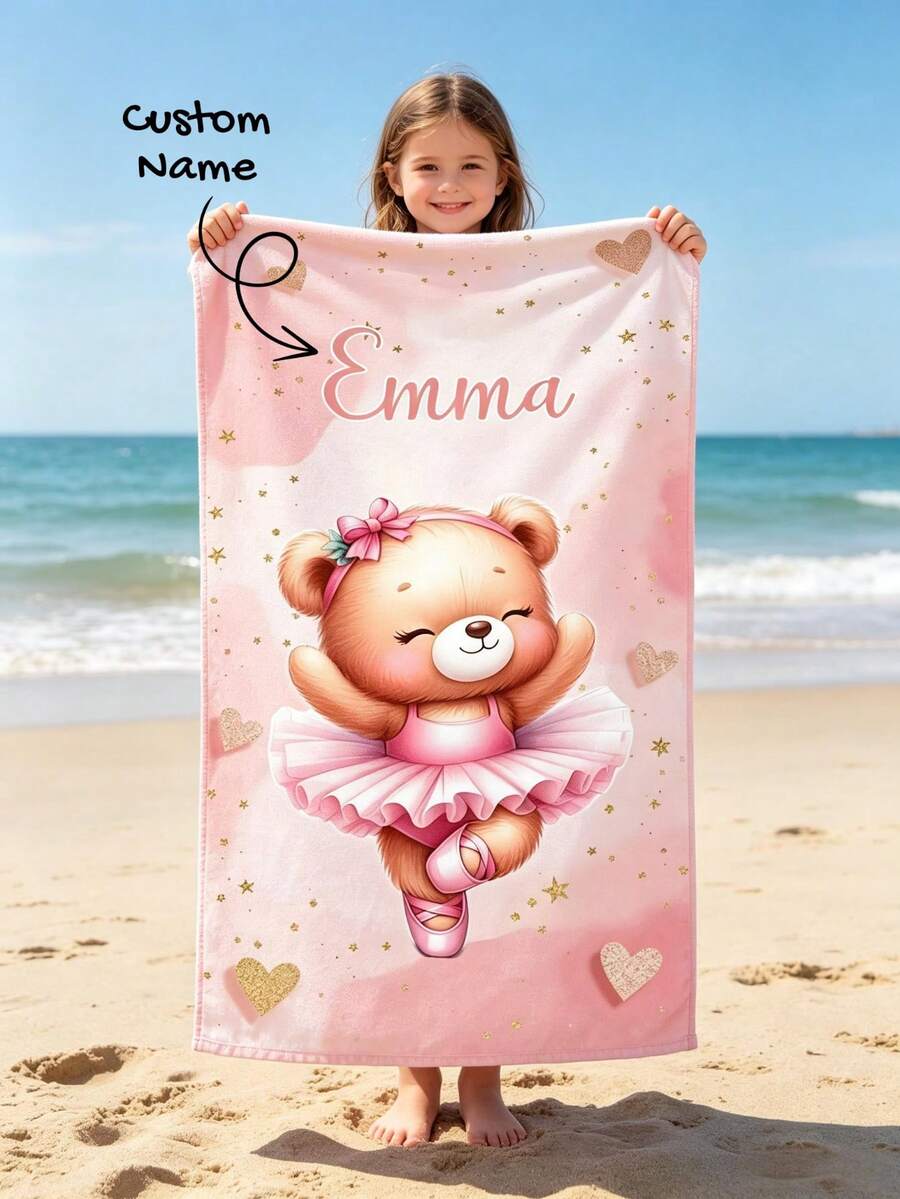 Custom Name Pink Ballerina Teddy Bear Beach Towel, Soft Absorbent Microfiber Towel, Lightweight For Beach Pool Camping Travel, Girls Kids Gift - Multicolor - View 1