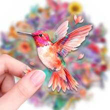 50pcs Watercolor Hummingbird Floral Stickers, Transparent PET Bird Flower Decals, Fresh Botanical Nature Sticker Pack, Waterproof DIY Decor For Journal Notebook Laptop Phone Scrapbook Planner, Christmas Gift For Sticker Lovers - Multicolor - View 3