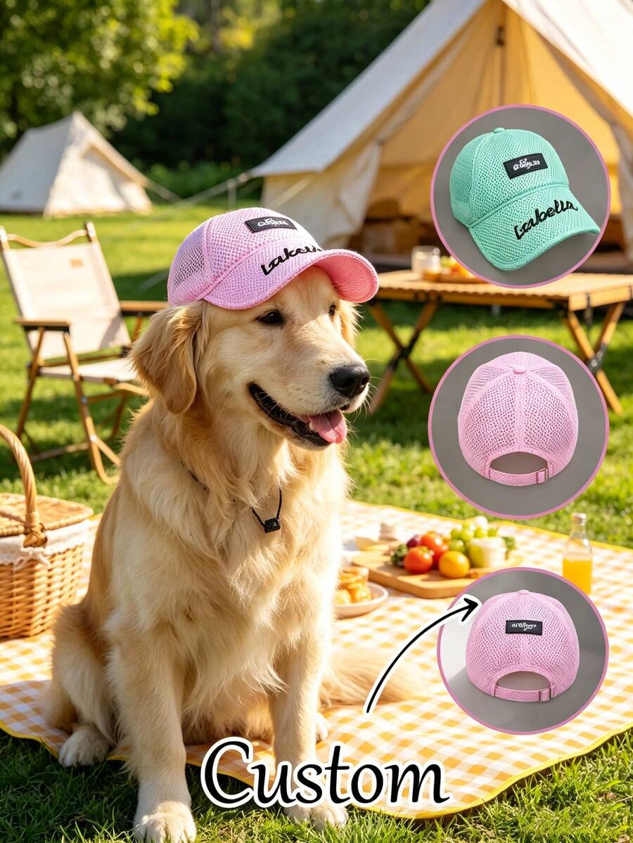 Customizable Name Or Text, Customizable Pet Hat, Breathable Golden Retriever Hat Without Ears On Edge, Sun Protection Pet Hat, New Style, Ear-Exposed Design To Prevent Falling Off, Adjustable, Pet Sun Hat, Dog Hat, Pet Clothing Accessory, Pet Supplies - Multicolor - View 1
