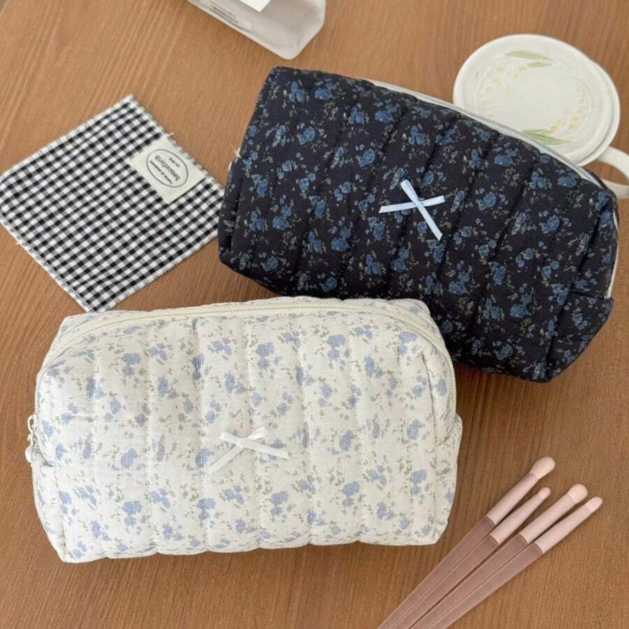 Black White Dark Floral Makeup Bag Minimalist Fresh Style Cosmetic Storage Portable Travel Organizer Pouch For Girls Students - Multicolor - View 1