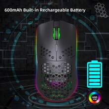 1pc Honeycomb Wireless Rechargeable Mouse With RGB Lighting, Adjustable, USB Plug And Play, Suitable For Home, Gaming, Office Use - Black - View 5