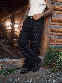 Men's Black Loose Wide‑Leg Jeans, Side Eyelet Lace‑Up Design Denim Gothic Y2K Streetwear Pants - Black - View 3
