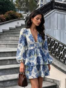 Vuslat Autumn Fashion Oil Painting Floral Print V-Neck Double Layer Flared Short Dress, Elegant Party, Wedding Guest, Birthday, Date - Multicolor - View 2