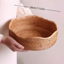 Handwoven Brown Round Rattan Storage Basket, Multi-Size UFO Shaped Fruit Bowl, Washable Desktop Organizer For Living Room, Kitchen, Office, Party Table Serving Tray For Candy, Snacks, Coffee & Bread, Jewelry, Stationery & Cosmetics, Christmas Gift - Yellow - View 15