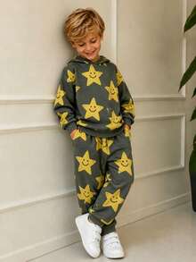 2pcs/Set Setelan Anak Laki-laki Vintage Warna Abu-abu Gelap dengan Motif Wajah Tersenyum Kuning dan Bintang, Hoodie dan Celana Jogger, Cocok untuk Anak Laki-laki dan Anak-anak - Kuning - View 3