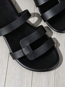 New Black Double Strap Flat Slide Sandals For Women, Casual Outdoor Wear, Retro Versatile Open Toe Beach Slippers - Black - View 6