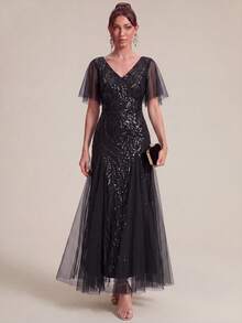 EVERPRETTY Elegant Luxury Charming Party Heavy Embroidery Floral Sequin Mesh Patchwork Black Formal Evening Gown Suitable For Evening Party Wedding Guest - Black - View 7