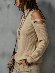 SEREN New Autumn Women's High Neck Cold Shoulder Knit Sweater, Vintage Versatile Long Sleeve Pullover, Perfect For Daily Commute And Travel - Rice Apricot - View 3