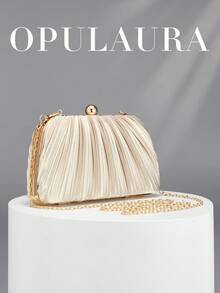 OpulAura 復古奢華手拿包，杏色亮面百褶設計時尚派對包，正式晚宴手拿包，高端小方包，適合派對/婚禮/正式場合晚餐活動女士包，附鏈條 - 杏色 - 查看 2