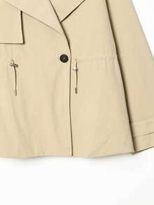 Women's Spring Beige Short Trench Coat, Oversized Lapel, Drawstring Waist Belt, Lightweight Casual Work Office Autumn Jacket - Khaki - View 7
