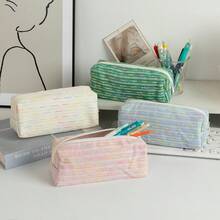 1pc Creative Colorful Line Pattern Pencil Case, Large Capacity Student Pencil Bag, Ins Style High Aesthetic Storage Bag, Yarn Desktop Organizer Pouch - Multicolor - View 1
