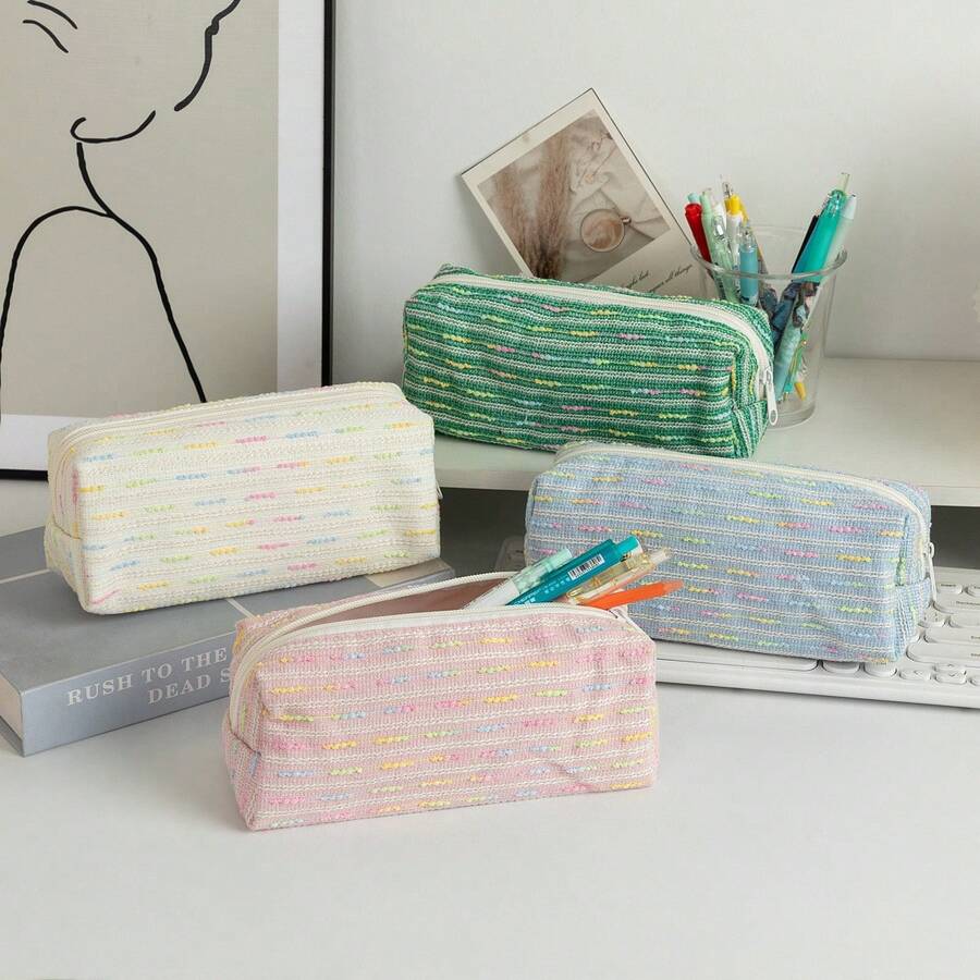1pc Creative Colorful Line Pattern Pencil Case, Large Capacity Student Pencil Bag, Ins Style High Aesthetic Storage Bag, Yarn Desktop Organizer Pouch - Multicolor - View 1