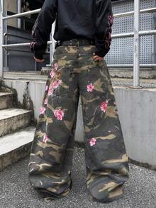 Infinite Jeans 1pc American Street Fashion Men's Patchwork Double Waist Distressed Ripped Embroidered Denim Jeans Loose Comfortable Wide Leg Pants All Season Versatile Denim Long Pants (Product Does Not Include Belt And Accessories) - Green - View 8