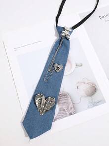 1pc Washed Denim Bear Heart Chain Design Sweet And Cool Preppy Style Shirt Decoration For Women's Ties - Multicolor - View 4