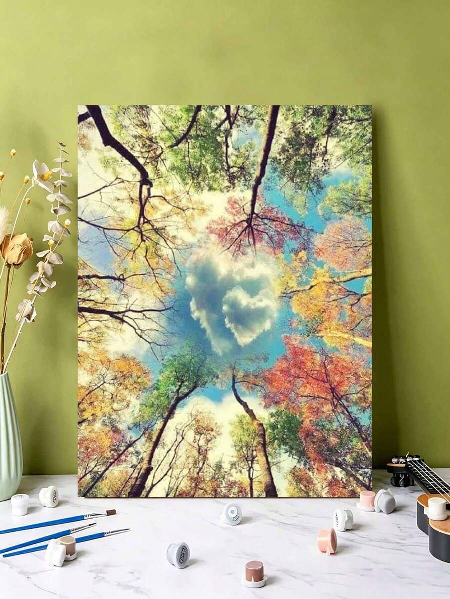 DIY HeartShaped Cloud In Autumn Forest (Frameless Or Framed 8x12 / 16x20 Inches) Paint By Numbers Kit (Acrylic) Arts & Crafts For Adult Beginners, Home Wall Decor, And Romantic Holiday Gifts - Sets - View 1