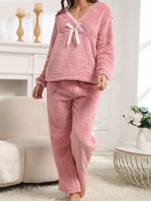 Women's Pink Lace Patchwork Bow Long Sleeve Pajama Set, Thick Long Pants 2 Pieces Set, Solid Color Casual Homewear - Pink - View 3
