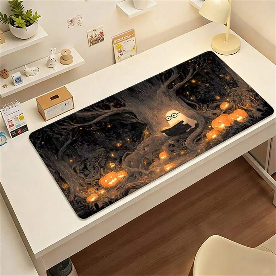 White Ghost Reading Book Pumpkin Forest Desk Mat Halloween Theme Playmat Large Rubber Mouse Pad Mousepad NonSlip Base For Work Office Game Home Tabletop Mat - View 1