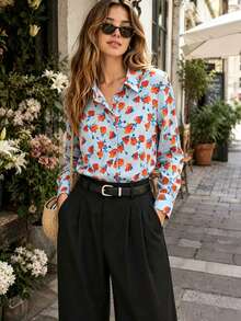 Women's Floral Print Casual Shirt Spring Vacation - Blue - View 1