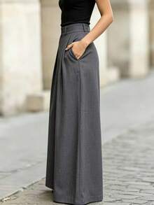 Women's Fashion Commute Casual High Waist Pleated Wide Leg Pants Solid Color With Pockets - Dark Grey - View 3