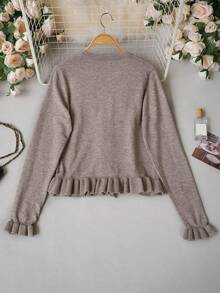 French Gentle Style Ruffle Trim Knitted Cardigan For Women, Early Autumn Short Cropped Gold Button Waist-Cinching Slimming Sweater Jacket, Versatile For Daily Commute And Date - Khaki - View 7
