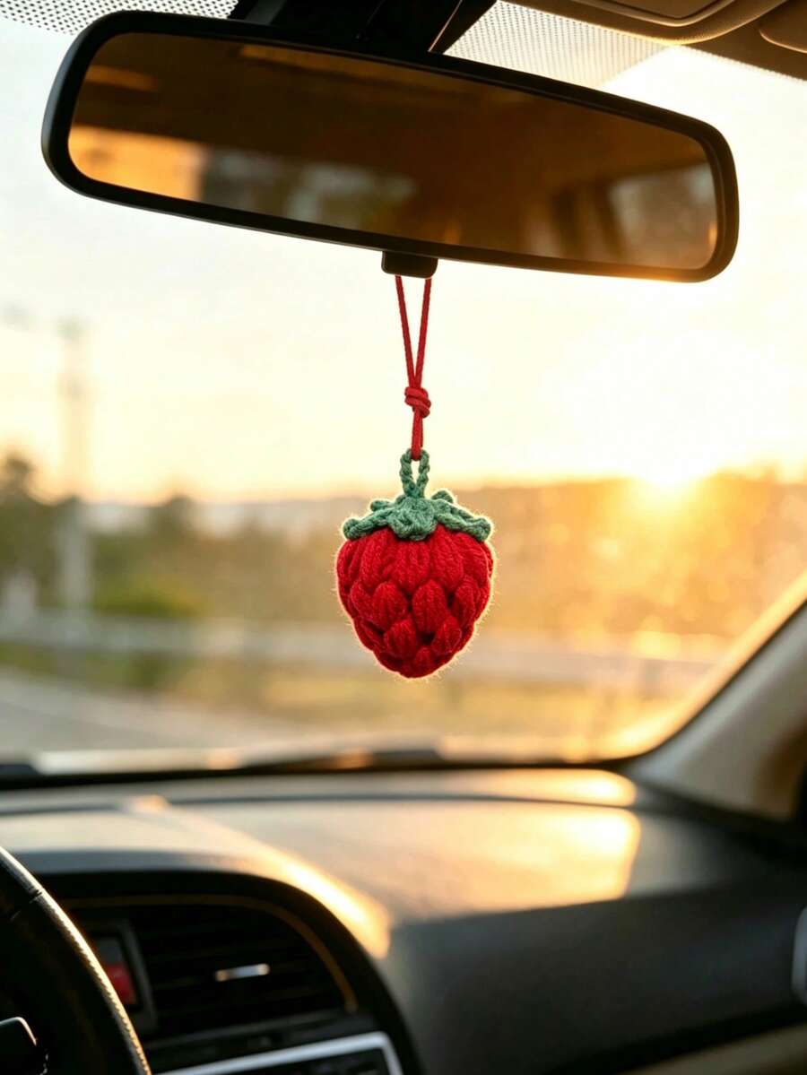 1pc Handmade Woven Strawberry Car Rearview Mirror Hanging Decoration, Car Interior Decor Accessory, Vehicle Decorative Accessory - A - View 1