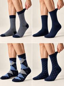 1/4pairs Men's Crew Socks, Mid Calf Socks,Classic Casual Business Dress Socks,Argyle Striped Polka Dot Solid, For Office, Work Daily Wear - Multicolor - View 6
