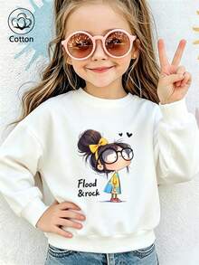Girls' Cute Printed Drop-Shoulder Round-Neck Long-Sleeve Casual Sports Sweatshirt - White - View 9