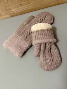 1 Pair Women's Fashion Knitted Solid Color Cable Pattern Thermal Lined Thick Warm Fuzzy Gloves Cute Sweet Unisex Student Writing Cycling Fingerless Mittens Suitable For Daily Wear - A - View 4