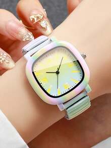 Women's Colorful Rainbow Gradient Square Quartz Wristwatch, Elastic Stretch Band, Casual Y2K Daily Wear Decorative Watch - Multicolor - View 2