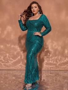 Plus Size Elegant Green Sequin Long Sleeve Square Neck Maxi Party Evening Dress - Green - View 2