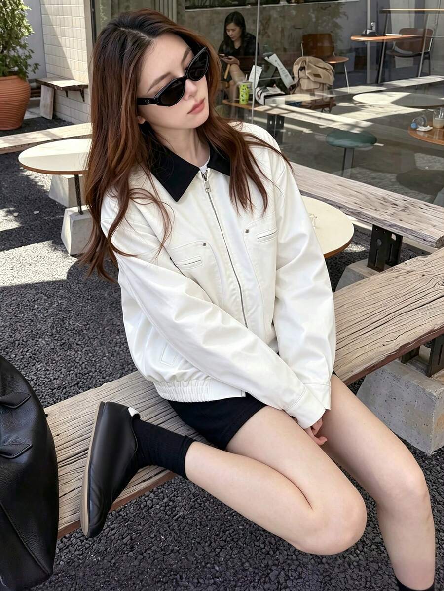 女款美式復古拼色翻領工裝夾克 - 白色 - 查看 1