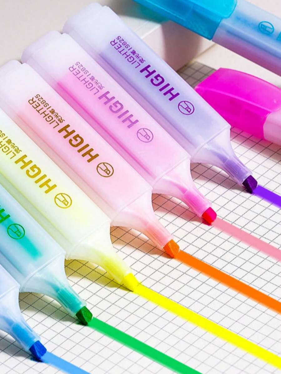 6pcs Visible Ink Fluorescent Marker Set, Chisel Tip Highlighter, Water-Based Non-Bleed Marker, School & Office Marking Stationery - Sets - View 1